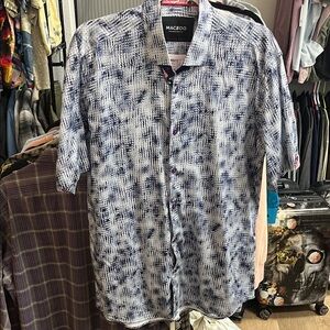 Maceoo Blue and White Casual Button Down SS Shirt